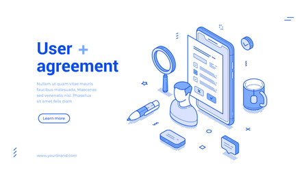 User agreement privacy policy insurance document outline isometric web banner design template vector illustration. Personal contract legal form official information protection guarantee landing pageのイラスト素材