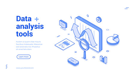 Data analysis tools statistical planning development outline isometric web banner design template vector illustration. Database business analyzing graph research infographic information landing pageのイラスト素材