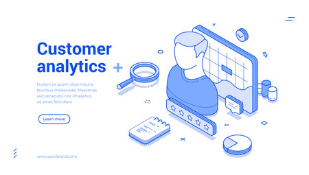 Customer analytics statistic business strategy development outline isometric web banner design template vector illustration. Client marketing management analyzing planning landing pageのイラスト素材
