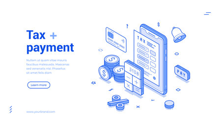 Tax payment financial business accounting outline isometric web banner design template vector illustration. Regular paying budget balance calculating law government deadline pay landing pageのイラスト素材