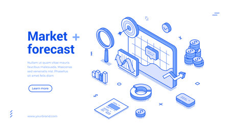 Market forecast financial trend analyzing dashboard outline isometric web banner design template vector illustration. Finance banking money currency analytics research diagram chart landing pageのイラスト素材