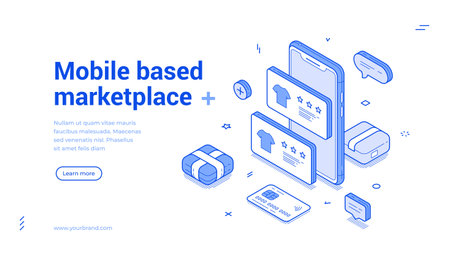 Mobile based marketplace online shopping outline isometric web banner design template vector illustration. Internet store shop market smartphone app order delivery buying goods purchase landing pageのイラスト素材