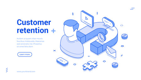 Customer retention business marketing strategy outline isometric web banner design template vector illustration. Client searching internet leadership service productivity efficiency developmentのイラスト素材