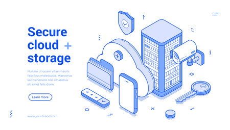 Secure cloud storage data safety information technology outline isometric web banner design template vector illustration. Database personal user archive account internet protection landing pageのイラスト素材
