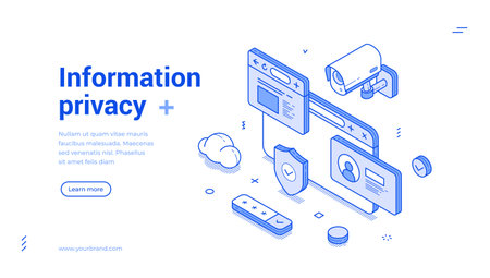 Personal information privacy protection secure outline isometric web banner design template vector illustration. User account private safe internet security access verification technology landing pageのイラスト素材