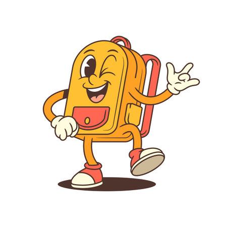 Lively cartoon backpack character walking confidently with a peace sign and winking smile. Perfect for school campaigns, educational content, or branding. Eye-catching and fun vector illustrationのイラスト素材