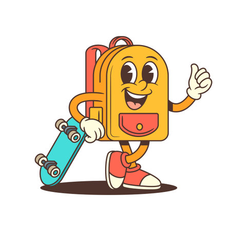 Cartoon backpack character in an active stance holding a skateboard and giving a thumbs-up. Great for youth-oriented content, school promotions, or sport-themed visuals. Vector illustrationのイラスト素材