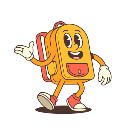 Energetic backpack mascot dancing with expressive arms and raised leg, perfect for educational projects or kids branding. Modern and fun cartoon style. Vector illustrationのイラスト素材