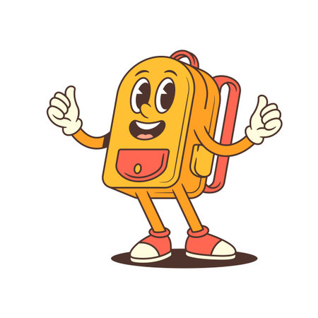Backpack mascot character giving two thumbs up with joyful grin. Ideal for educational content, apps, or branding that promotes success. Vector illustrationのイラスト素材