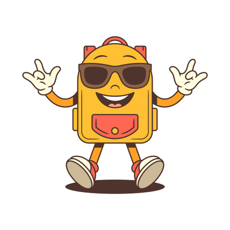 Cool cartoon backpack mascot character with sunglasses and raised arms in a celebration pose. Perfect for party designs, event branding or playful school themes. Vector illustrationのイラスト素材