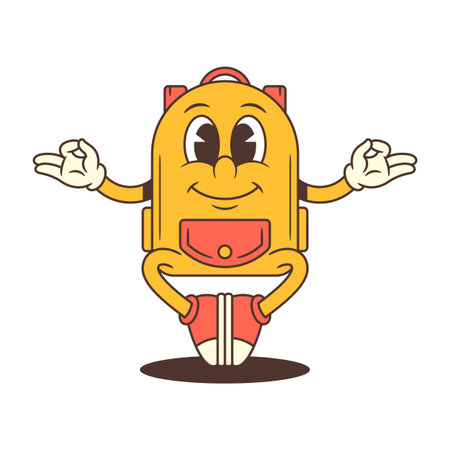 Playful backpack mascot character with arms crossed and a smile, ideal for fun branding, school themes, or humorous content. Vector illustrationのイラスト素材