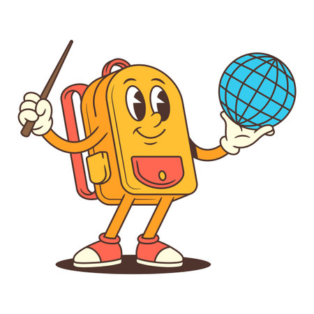 Backpack mascot holding a globe and stick with a warm smile, symbolizing learning, teaching, and exploration. Ideal for school projects, educational apps, or knowledge branding. Vector illustrationのイラスト素材