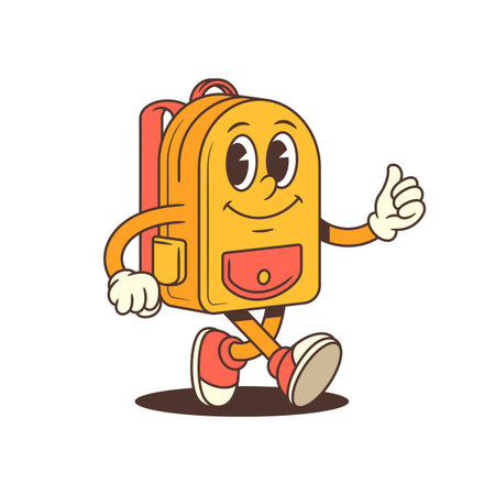 Backpack mascot walking forward with a confident stride, cheerful smile, and thumbs-up gesture. Ideal for education, and casual branding needing positive and engaging visuals. Vector illustrationのイラスト素材