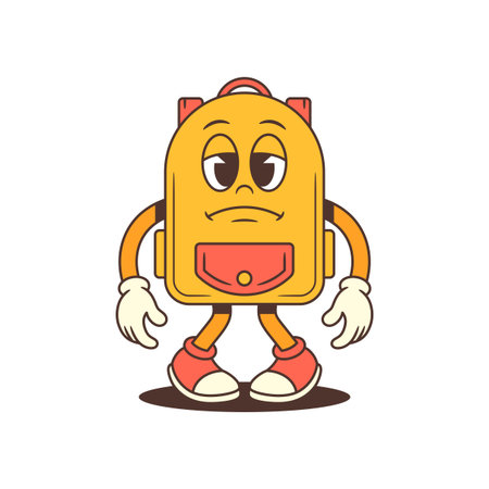 Tired backpack mascot standing still with relaxed arms and subtle expression. Perfect for serious or educational content needing stability, calm tone, and professional appeal. Vector illustrationのイラスト素材