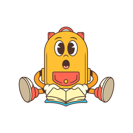 Backpack mascot sitting on the ground with an open book and surprised eyes, embodying curiosity and enthusiasm for study. Ideal for educational content, and school promotions. Vector illustrationのイラスト素材