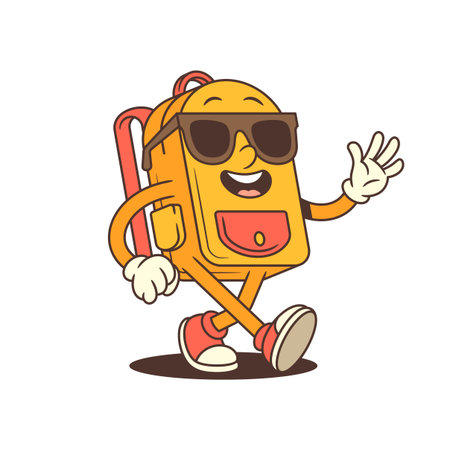 Backpack mascot walking forward with a big smile and giving a thumbs-up gesture. Perfect for motivational themes, positive campaigns, and energetic school-related content. Vector illustrationのイラスト素材
