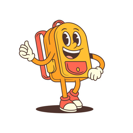 Backpack mascot raising one arm in a friendly wave with a big smile, creating a warm and inviting vibe. Perfect for greeting screens, contact pages, or educational materials. Vector illustrationのイラスト素材