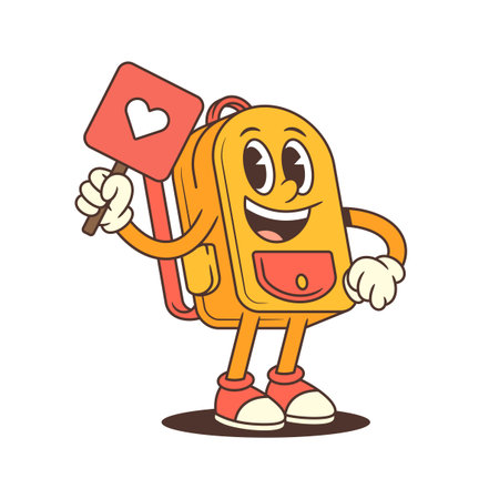 Cartoon-style backpack character holding a sign with a heart symbol and smiling brightly. Ideal for school-themed content, social media or educational promotions. Vector illustrationのイラスト素材