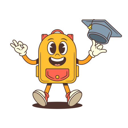 Backpack mascot jumping in excitement, holding a graduation cap and flashing a peace sign. Great for educational achievements, school celebrations, or academic events. Vector illustrationのイラスト素材