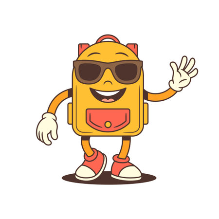 Backpack mascot with a warm smile and raised arm in a wave, creating a welcoming and approachable vibe. Ideal for greetings, intros, and friendly content. Vector illustrationのイラスト素材