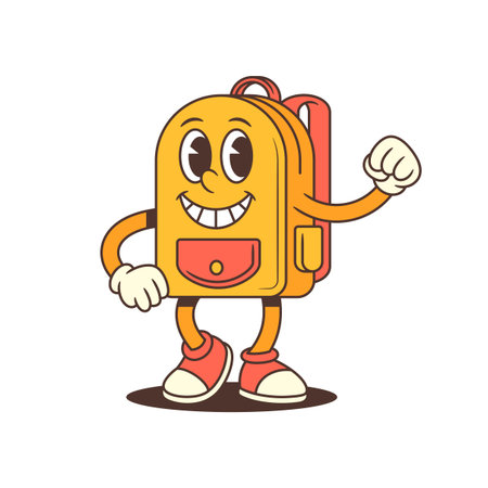 Backpack mascot making a fist pump gesture with a confident grin and strong body language. Great for themes of achievement, motivation, success, or celebration. Vector illustrationのイラスト素材