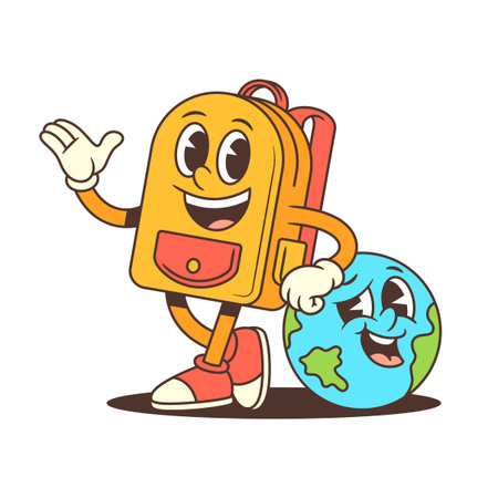 A happy backpack character holding a globe with a smile symbolizes environmental awareness, global education, and positivity. Ideal for educational campaigns or promotional materialsのイラスト素材