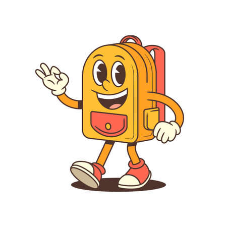 A cheerful anthropomorphic backpack character stands waving in a welcoming pose, radiating positivity and approachability. Perfect for education content, or children's products. vector illustrationのイラスト素材