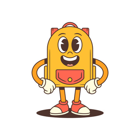 A confident backpack character with a wide smile stands proudly with hands on hips, exuding strength and charm. Ideal for branding, education, or motivational projects. vector illustrationのイラスト素材