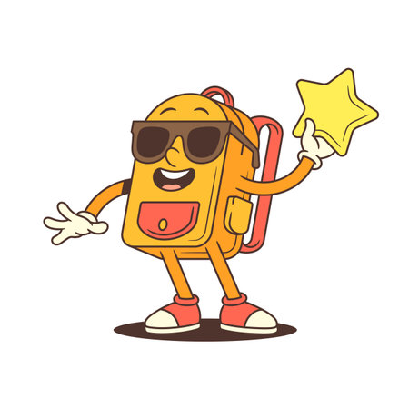 Stylish backpack character wearing sunglasses holds a glowing star while beaming with excitement and joy. Great for celebrity, digital or pop culture-themed content. vector illustrationのイラスト素材