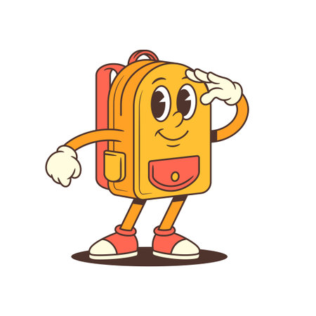 Cute backpack mascot salutes with a wink and smile, combining respect and approachability. Ideal for education, branding, or communication themes. vector illustrationのイラスト素材