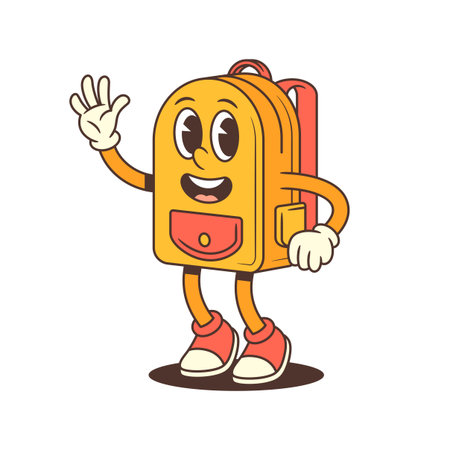 Charming backpack mascot character stands waving with a wide open smile, radiating approachability and warmth. Great for education, branding, or children's projects. vector illustrationのイラスト素材