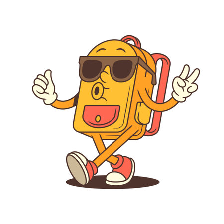 Trendy backpack mascot poses seated with legs crossed, wearing sunglasses and flashing a peace sign, embodying cool vibes and confidence. Ideal for youth content. vector illustrationのイラスト素材