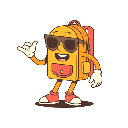 Animated backpack mascot stands pointing ahead with a big smile, suggesting ideas or solutions. Useful for educational, marketing, or inspirational visuals. vector illustrationのイラスト素材