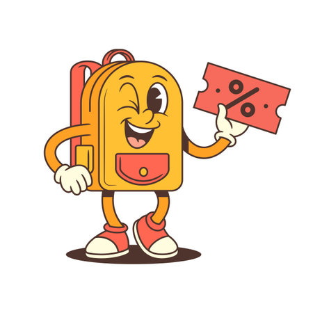 Excited cartoon backpack character holds a ticket in one hand and gives a thumbs up with the other, full of celebration and approval vibes. Perfect for events. vector illustrationのイラスト素材