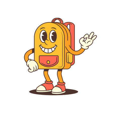 Playful backpack mascot raises both hands for a double high five, beaming with energy and encouragement. Excellent for teamwork, positivity, or educational content. vector illustrationのイラスト素材