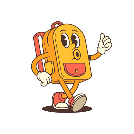 Cartoon backpack character walking confidently with a thumbs-up and winking hand gesture. Perfect for school-related content, education themes, or playful branding projects. Vector illustrationのイラスト素材
