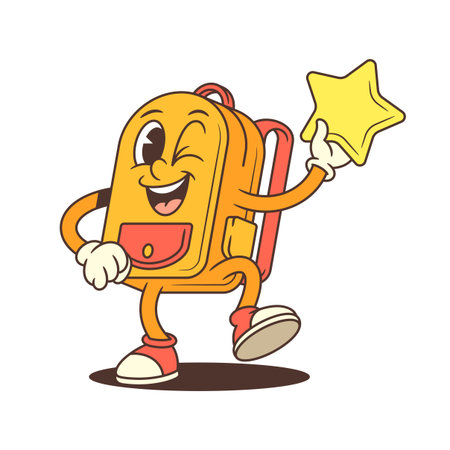 Cartoon backpack character in mid-step holding a bright star and winking confidently. Ideal for school themes, celebration designs, motivational content, and educational branding. Vector illustrationのイラスト素材