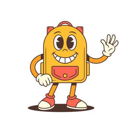 Playful backpack mascot waves with one hand, smiling brightly in a warm, open pose. Ideal for welcoming scenes, educational branding, or cheerful character content. vector illustrationのイラスト素材