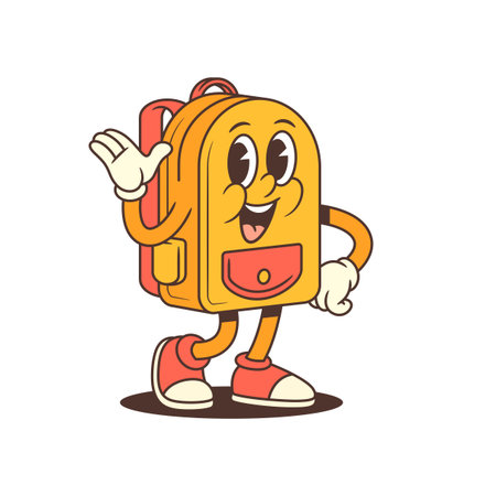 Friendly backpack mascot gives a high five with a big smile, sharing teamwork energy and positive encouragement. Ideal for group projects, motivation, or fun branding. vector illustrationのイラスト素材