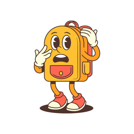 Worried Cartoon backpack character with expressive wide eyes, reacting with surprise and tension. Ideal for school content, emotional learning visuals, or storytelling elements in educational designsのイラスト素材
