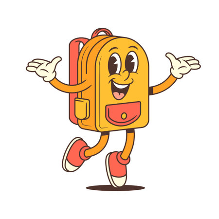 Playful backpack mascot dances joyfully with arms outstretched, expressing pure excitement and celebration. Ideal for childrens designs, party themes, or school events. vector illustrationのイラスト素材