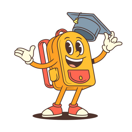 Orange backpack mascot celebrates graduation with a big smile, wearing a cap and holding a diploma, arms raised in joyful achievement. Vector illustrationのイラスト素材