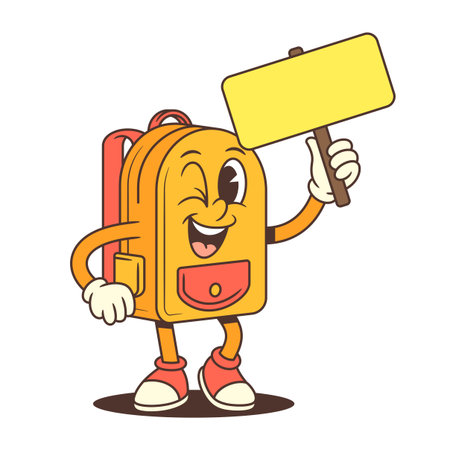 Cartoon school backpack character in a cheerful pose with a raised arm holding a blank sign and a confident smile. Perfect for educational, promotional, or children's content. Vector illustrationのイラスト素材