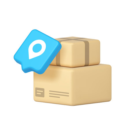 Two cardboard boxes with a blue tracking pin symbolize modern delivery services and logistics. Suitable for digital business, shipping, and e-commerce purposes. 3d icon realistic vector illustrationのイラスト素材