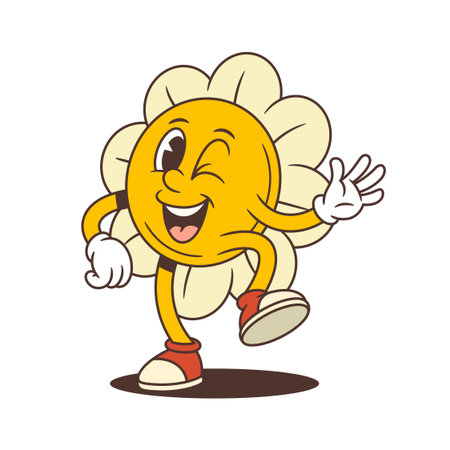 Playful flower mascot with one eye closed and hand waving in a welcoming motion, radiating joy and approachability. Ideal for stickers, educational prints, or children's content. vector illustrationのイラスト素材