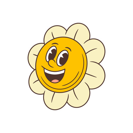 A cheerful retro flower mascot featuring a big smiling face and wide-open eyes. Perfect for greeting cards, positive themes, and cheerful messages. vector illustrationのイラスト素材