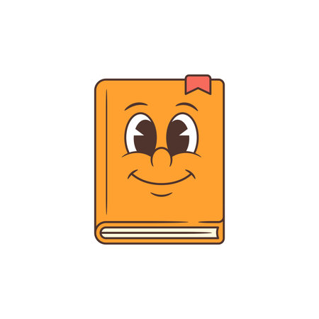 Orange textbook mascot with large expressive eyes, welcoming smile, and pink bookmark detail. Perfect for educational projects, school materials, children learning apps, and classroom designsのイラスト素材