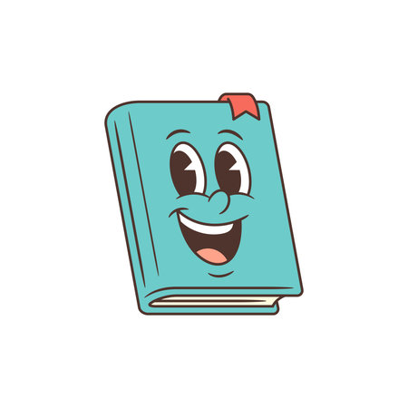 Light blue textbook mascot with expressive eyes, joyful smile, and red bookmark accent. Perfect for educational projects, childrens learning materials, school campaigns, and fun classroom designsのイラスト素材