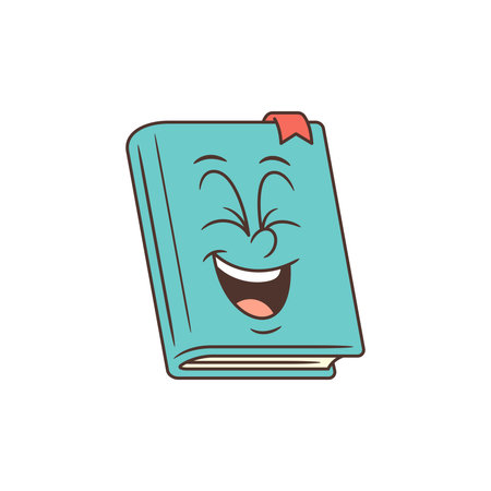 Light blue book mascot with joyful closed eyes and big open smile, featuring a red bookmark and visible pages. Perfect for educational, children learning projects and school themesのイラスト素材