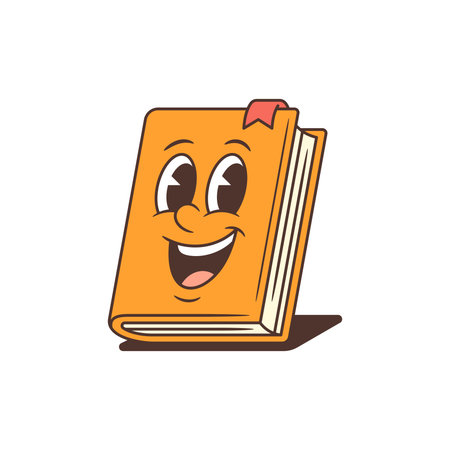 Energetic orange book mascot with a big smile, sparkling eyes, and playful tilt. Ideal for children content, educational projects, and school branding. Vector illustrationのイラスト素材